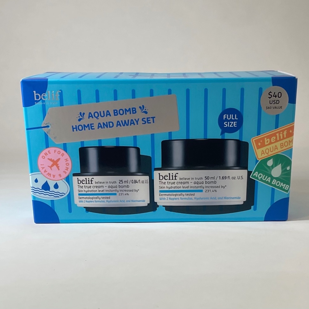belief True Cream Aqua Bomb Home & Away Set of 2 Full & Travel Size New in Box